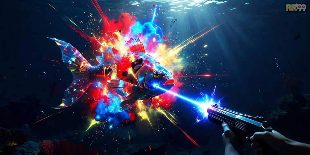 Hình ảnh gameplay Bắn Cá RR99 Pro với boss cá lớn và hiệu ứng nổ tung.