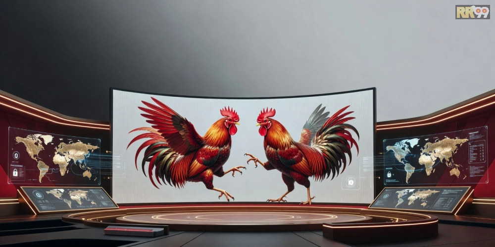 Minh họa khái niệm đá gà quốc tế rr99 với hình ảnh trường gà hiện đại và công nghệ streaming.