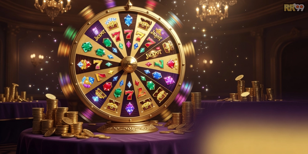 Minh họa vòng quay may mắn trong game nổ hũ rr99 với biểu tượng vàng óng ánh