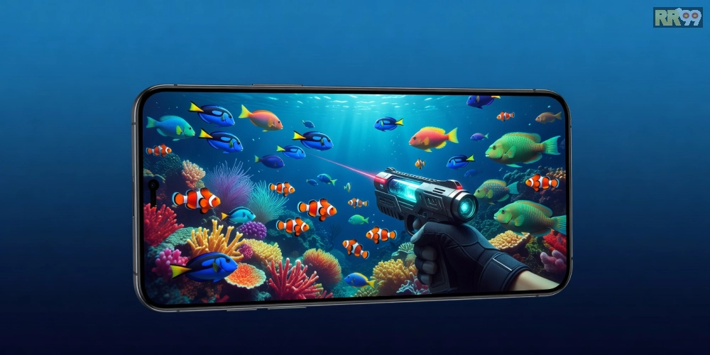 Hình minh họa giao diện game bắn cá rr99 với các loài cá đa dạng và súng bắn.