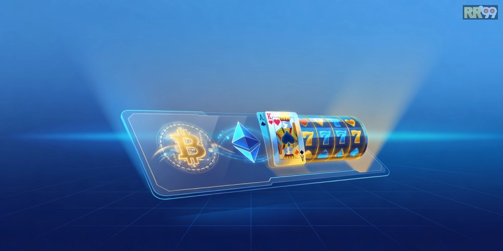 Hình minh họa khái niệm crypto casino rr99 với biểu tượng tiền điện tử và trò chơi bài.