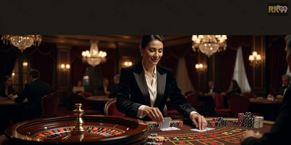 Minh họa không gian live casino rr99 với dealer xinh đẹp và bàn chơi chuyên nghiệp