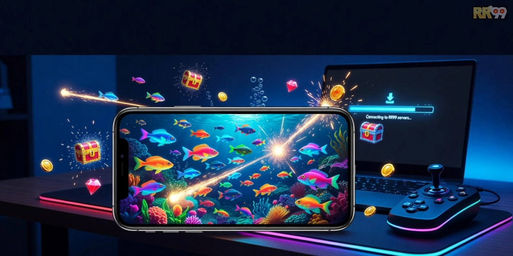 Minh họa khái niệm tải game bắn cá online rr99 với giao diện ứng dụng hiện đại